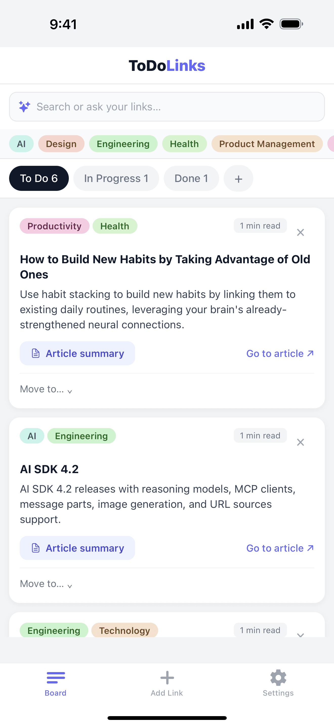 The ToDoLinks board with saved links, AI summaries and tags